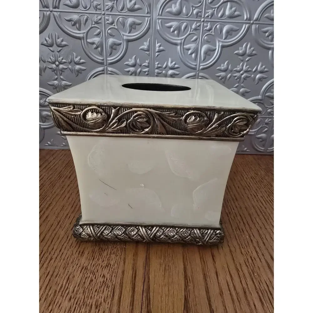 Vintage Bronze & Ivory Faux Marble Pearl Tissue Box Cube Cover
